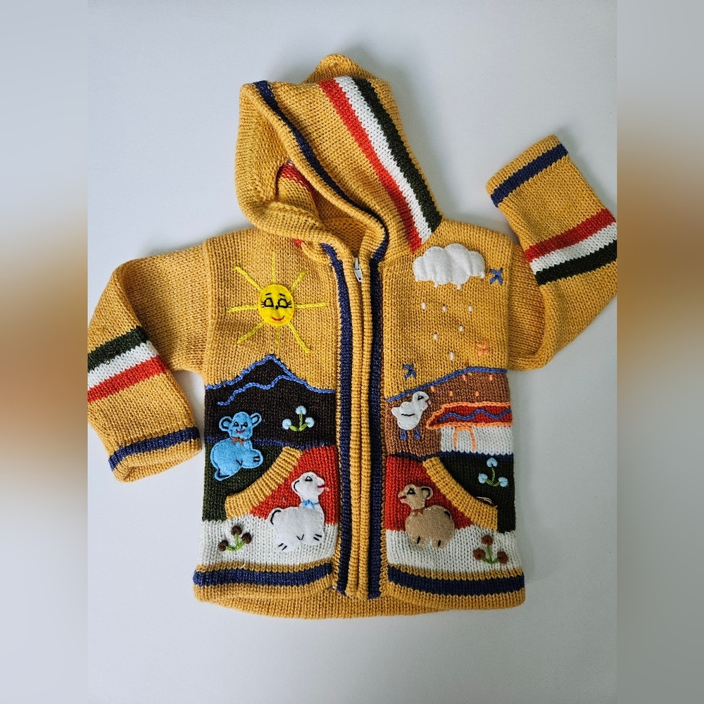 Children's Peruvian knit Sweater Size 3/4 Blue Patchwork Story Zipup